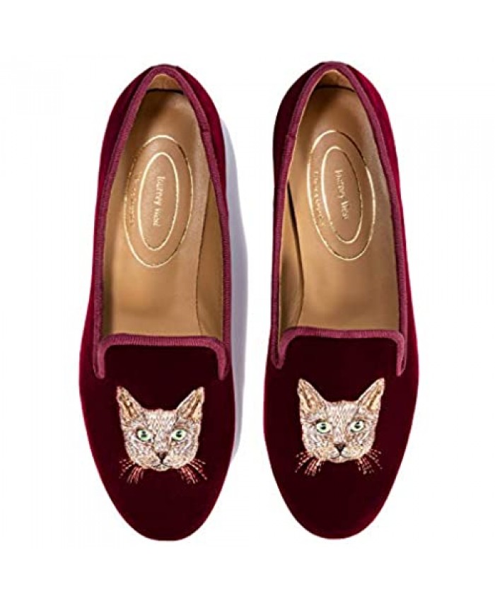 Journey West Women's Loafer Flat Velvet Embroidery Smoking Slippers Slip on Shoes for Women Cat