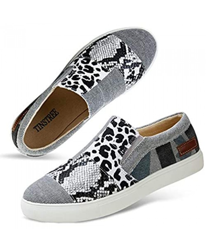 Women Slip-on Sneakers Leopard Snakeskin Stitching Fashion Canvas Sneaker Shoes No Chill Flat Loafers Casual Platform Comfortable Walking Sports Shoes