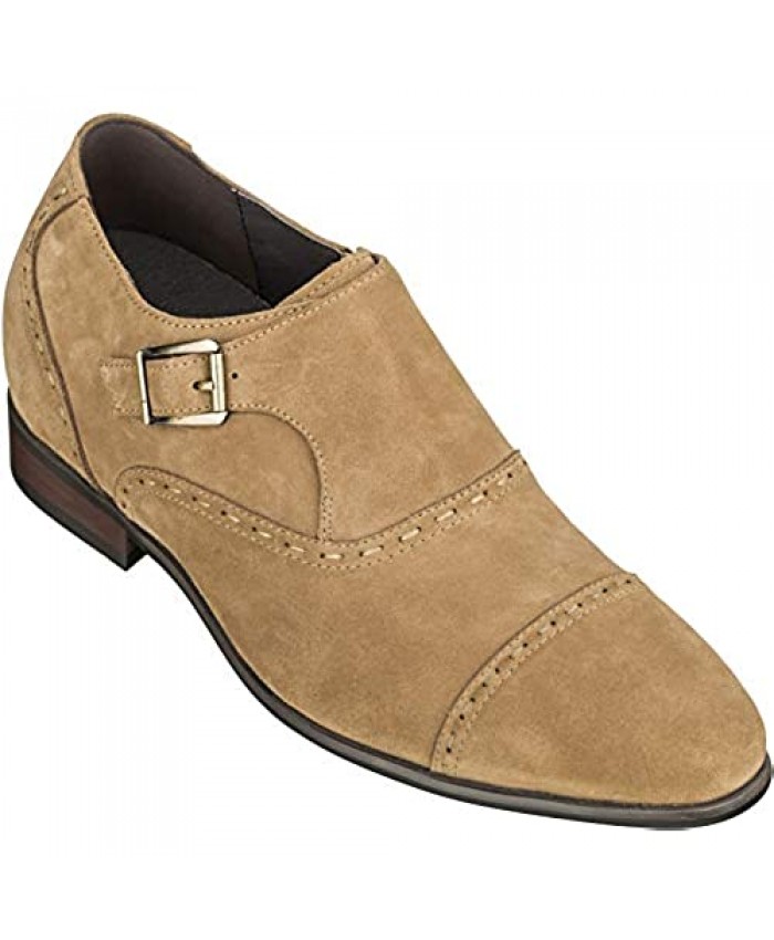 CALTO Men's Invisible Height Increasing Elevator Shoes - Khaki Suede Slip-on Formal Loafers - 3 Inches Taller - S1085
