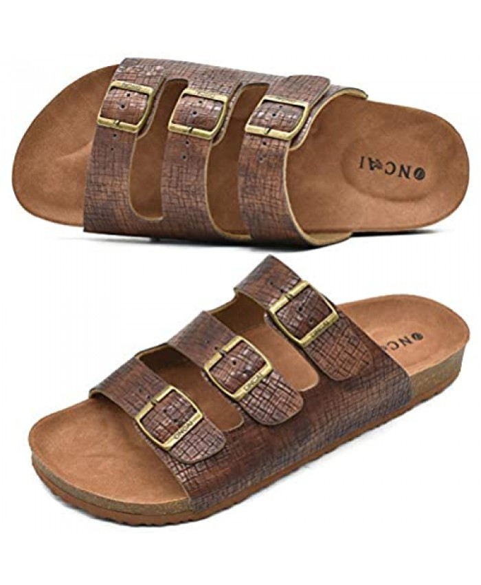 ONCAI Men’s Sandals Classic Soft Leather Arizona Slides-Summer Cork Flat Florida Beach Slipper with Three Adjustable Buckle Strap Size 7-13