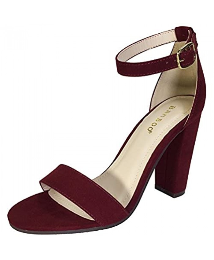 BAMBOO Women's Single Band Chunky Heel Sandal with Ankle Strap Burgundy Faux Suede 8.0 B US