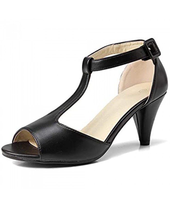GATUXUS Women's Ankle T-Strap Kitten Mid Heel Sandals Peep Toe Mary Jane Pu Dress Pumps Shoes
