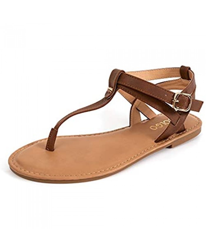 COLGO Thong Flat Sandals T-Strap Adjustable Ankle Buckle Strappy Casual Sandal for Women Summer