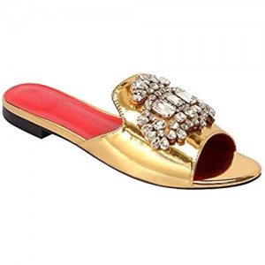 GiaoDeen Luxury Flat Slide Rhinestone Sandals for Women Designers Slip on Summer Dress Shoes Genuine Leather