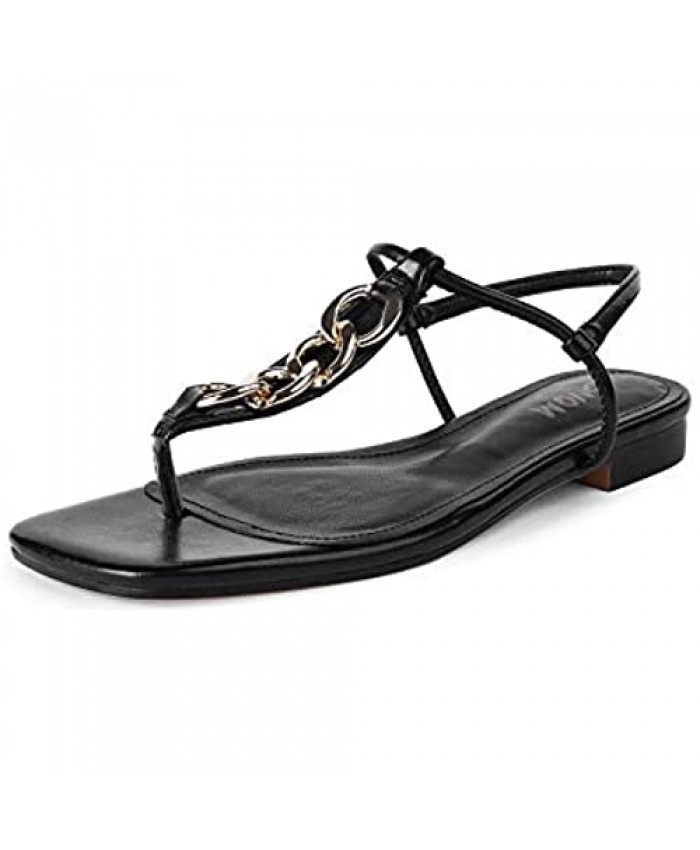 ISNOM Women's Thong Flat Sandals Slingback T-Strap Buckle Metal Chain Slip On Sandal Casual Summer Shoes
