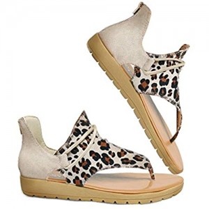 Katliu Women's Flat Sandals Posh Gradiator Sandals Animal Print Vintage Thong Sandals for Summer