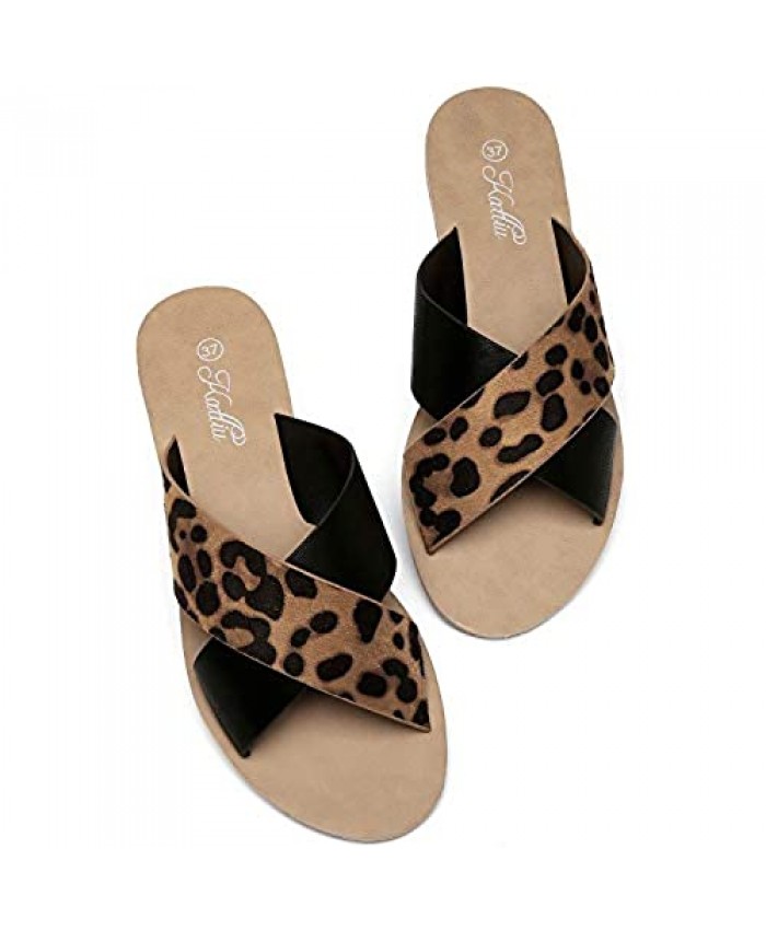 Katliu Women's Flat Sandals Two Strap Slide Sandals Open Toe