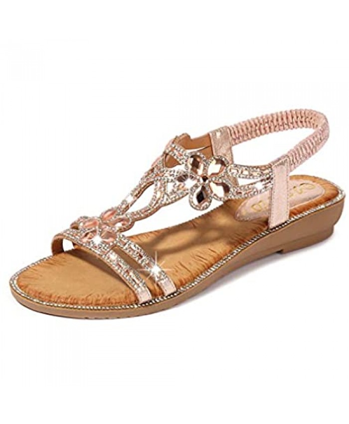 NIYIGEJI Women's Flat Sandals Summer Beach Sandal T-Strap Rhinestone Beaded Bohemia Shoes