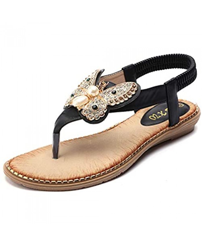 Odema Women's Flat Sandals Butterfly Bohemian Rhinestone T-Strap Flip-Flop Dress Shoes