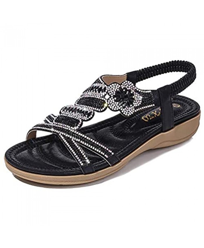 Odema Womens Glitter Flat Sandals Rhinestone Open Toe Slip-on Dress Shoes