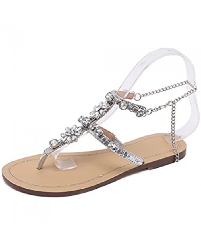 Stupmary Women Flat Sandals Crystal Summer Gladiator Sandals Flip Flops Beach Party Shoes Chains Floral