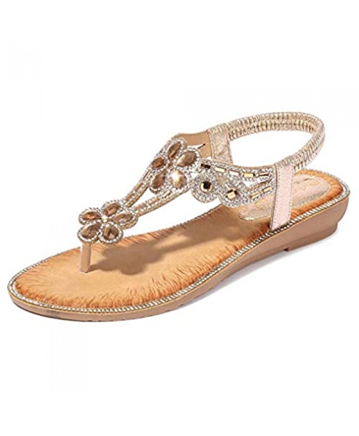 WESIDOM Women Flat Sandals Rhinestone T-Strap Elastic Strap Rubber Sole Shoes for Summer