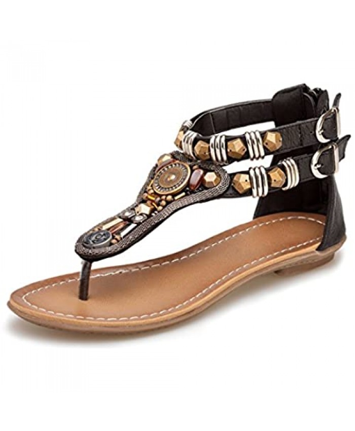 Zeetoo Flat Sandals for Women Casual Clip Toe Sandals Bohemia Rhinestone Flower Beaded Comfort T-Strap Sandals