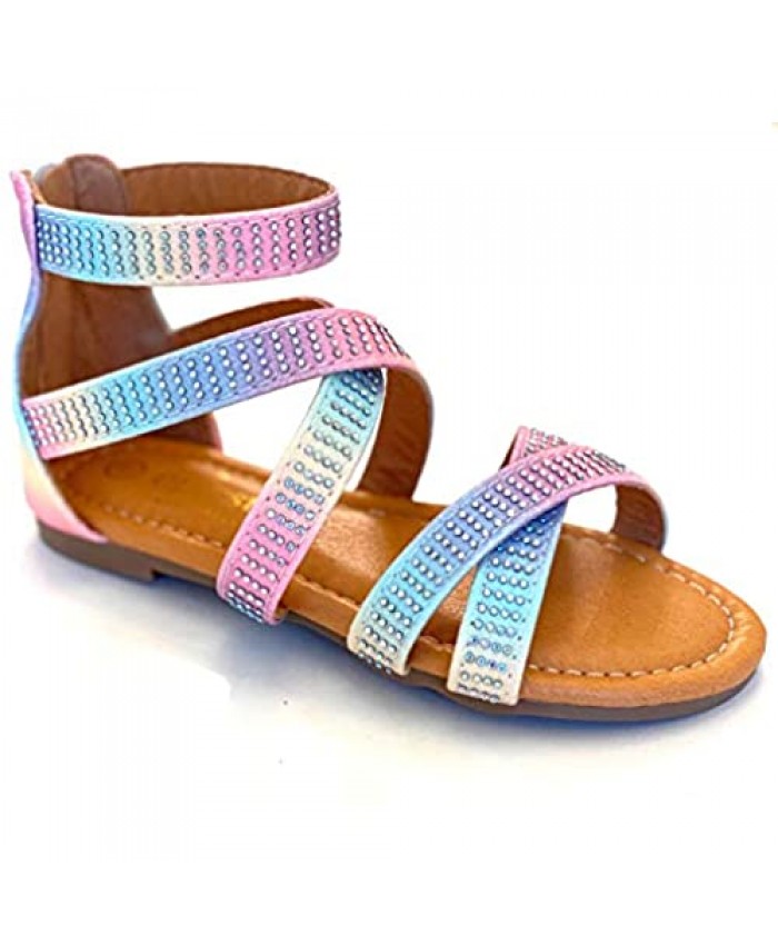 Epic Step Girl's Multi Color Tie Dye Flat Sandals with Rhinestones Glittery Gladiator Footwear with Zipper