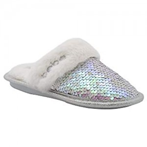 bebe Girls' Big Kid Slip On Flip Sequin Plush Slippers with Faux Fur Trim Cute Shimmer Bling Flat Shoes for Indoor Outdoor Use