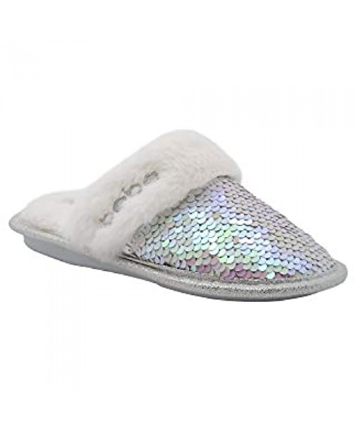 bebe Girls' Big Kid Slip On Flip Sequin Plush Slippers with Faux Fur Trim Cute Shimmer Bling Flat Shoes for Indoor Outdoor Use