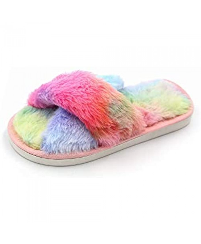 ETERNITY J. Little Kids Girls Fuzzy Open Toe Slippers Cross Band Slide Sandals Plush Slip on Indoor House Bedroom Shoes