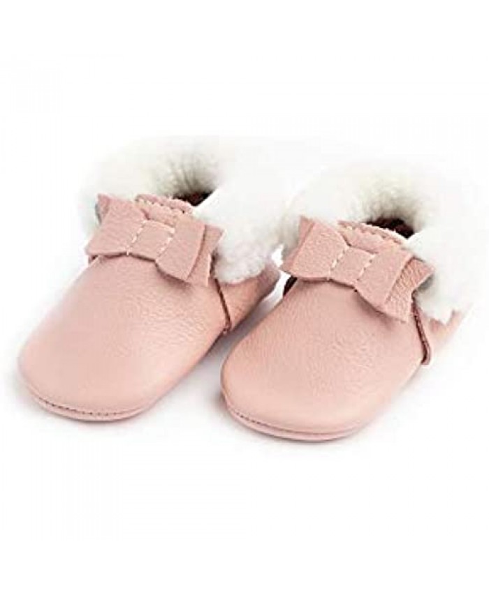 Freshly Picked - Rubber Mini Sole Leather Shearling Bow Moccasins - Toddler Girl Shoes - Infant Sizes 3-7 - Multiple Colors