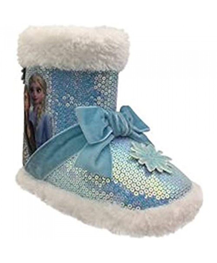 Girls Frozen Slipper Bootie Glitter Faux Fur Plush Boot Sequins with Blue Velvet Bow 7/8