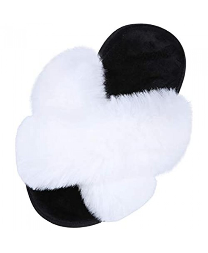 Kid's Fuzzy House Slippers Cross Band Open Toe Indoor Home Shoes for Girl White & Black 35