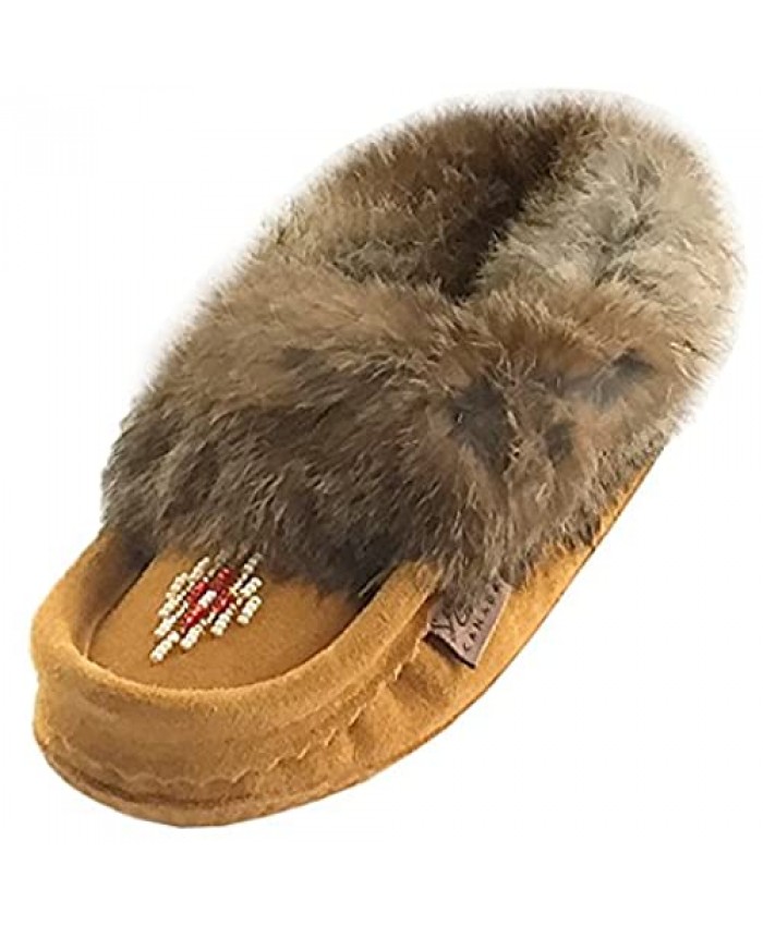 Laurentian Chief Suede Slippers with Rabbit Fur Collar Moccasins (Toddler/Little Kid/Big Kid)