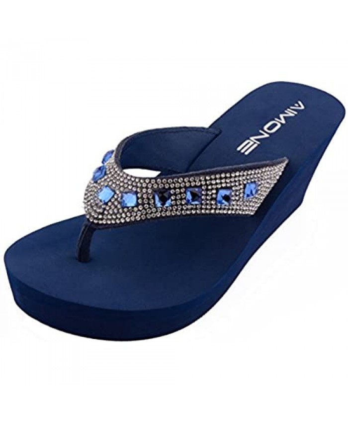 AIMONE-Larissa Sparkle Flip Flops for Women Navy Blue Wedge Sandals Rhinestone Beach Wedding Shoes