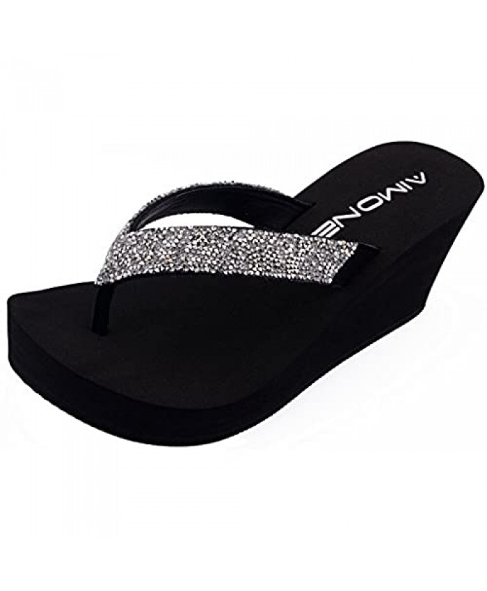 AIMONE-Stella Black Wedge Sandals for Women Dressy Rhinestone Platform Flip Flops