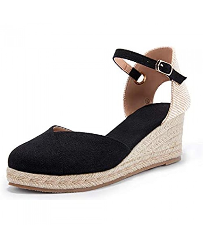 Coutgo Womens Espadrille Platform Wedge Sandals Ankle Straps Buckle Slingback Summer Closed Cap Toe Shoes