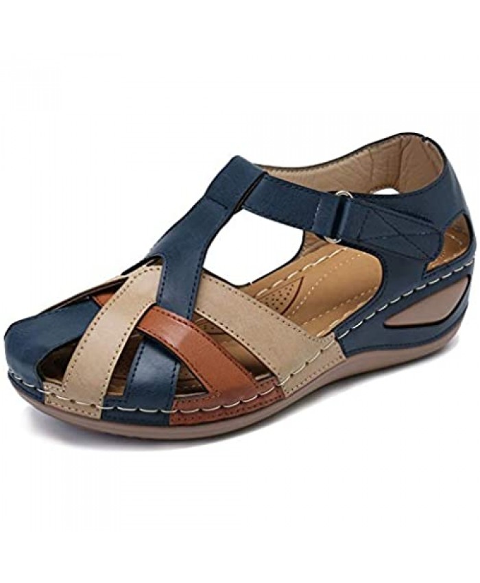 Womens Comfort Walking Flat Sandals Close-Toe Hook And Loop Low Heel Athletic Wedge Sandals Summer Beach Bohemia Sandals For Women