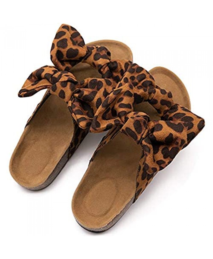 eccbox Womens Leopard Slide Sandals Soft Cork Footbed Slip On Slides with Arch Support Leather Knot Bow Sandal Slippers