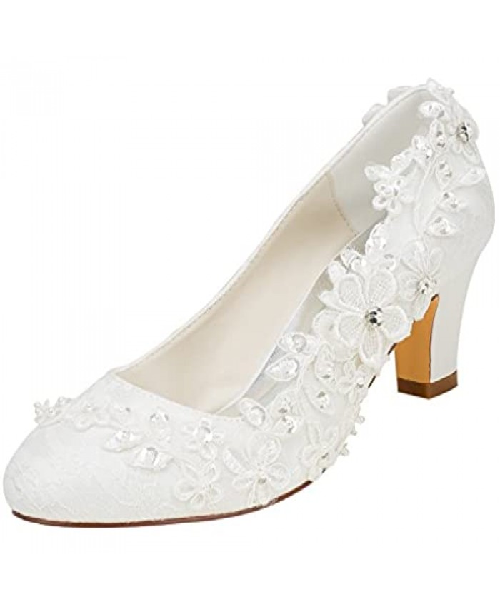 Emily Bridal 1505-1B Women's Wedding Shoes Closed Toe 2.56 Inches Chunky Heel Lace Satin Pumps with Rhinestone Lace Flower Bridal Shoes