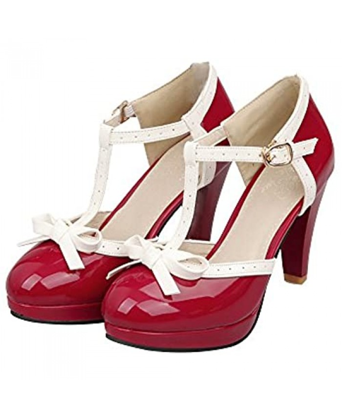 ForeMode Fashion Women T-Strap High Heels Bow Platform Round Toe Pumps Leather Summer Lolita Sweet Shoes