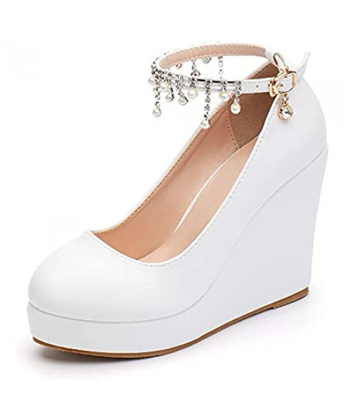 Platform Wedge Pump Shoes High Heel Bride Wedding Shoes Mary Jane Strap Evening Party Dress Casual Shoes