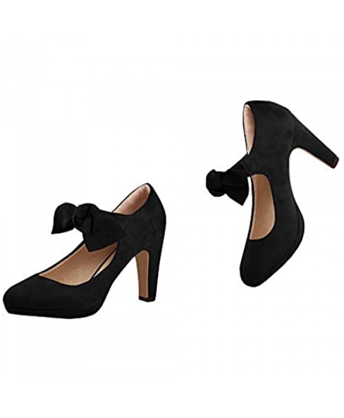 Womens Bowknot Office Pumps Closed Toe Platform Block High Heel Mary Jane Ankle Strap Shoes