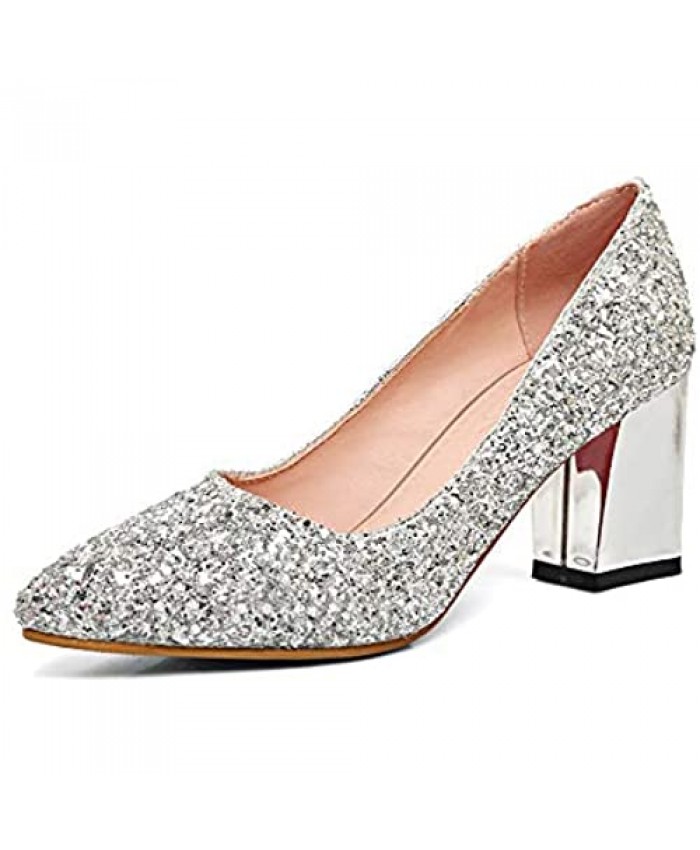 Women's Sparkling Glitter Chunky Heel Closed Toe Pumps Comfortable Mid Block Heel Slip-on Classic Party Dress Shoes