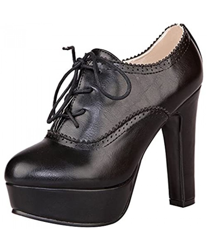 ANUFER Women Vintage High Platform Block Heel Court Shoes Elegant Brogue Oxfords/Derby Lace-ups