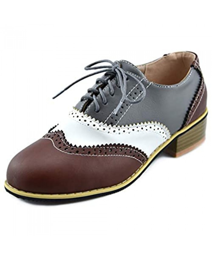 Mekereke Women's Retro Oxford Shoes Classic Casual Oxford Platform Low Heels Lace Up Flat for Women Round Toe Low-Heel PU Leather Oxfords Shoes