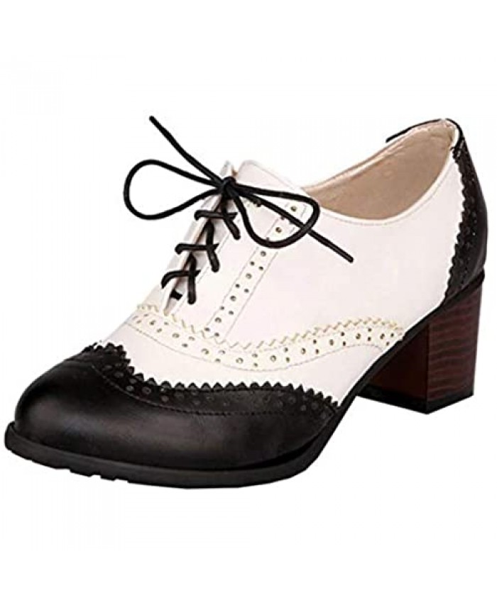 Miluoro Women's Vintage Leather Oxfords Wingtip Lace up Mid-Heel Chunky Brogue Shoes