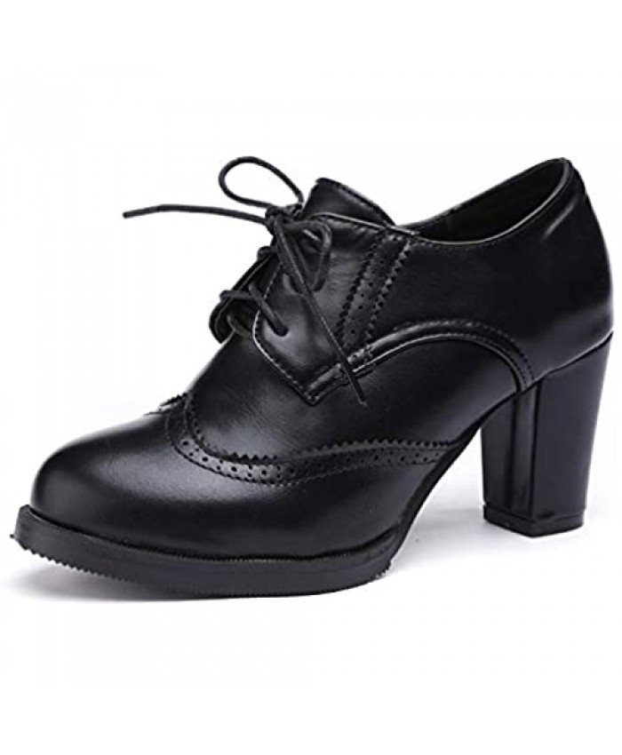 Odema Womens PU Leather Oxfords Brogue Wingtip Lace Up Dress Shoes Chunky High Heels Pumps Oxfords