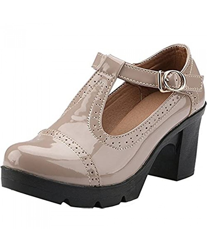 PPXID Women's British Style T-Bar Platform Heeled Oxford Shoes Work Shoes