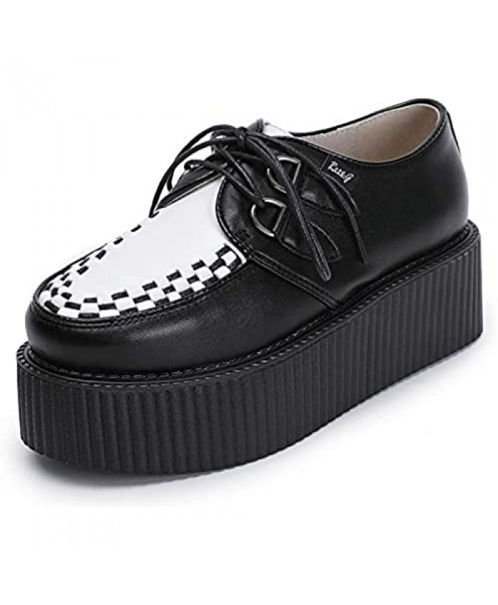 RoseG Women's Creepers Leather Oxfords Lace Up Flat Goth Brogues Platform Shoes