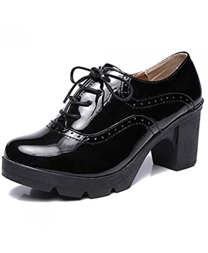 STMYH Womens Chunky Heels Shoes Perforated Lace-up Wingtip Leather Pump Oxfords Square Toe Vintage Oxford Mid-Heel Brogues