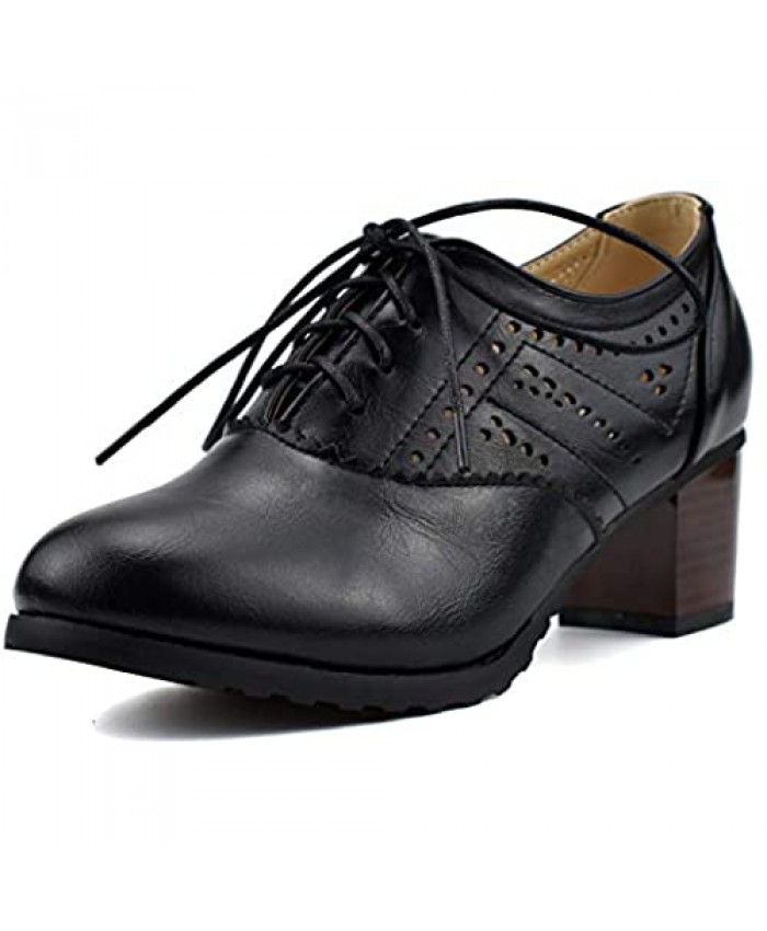 Women Block Stacked Mid Heel Lace Up Cut Out Wingtip Oxford Retro Dress Pumps Booties