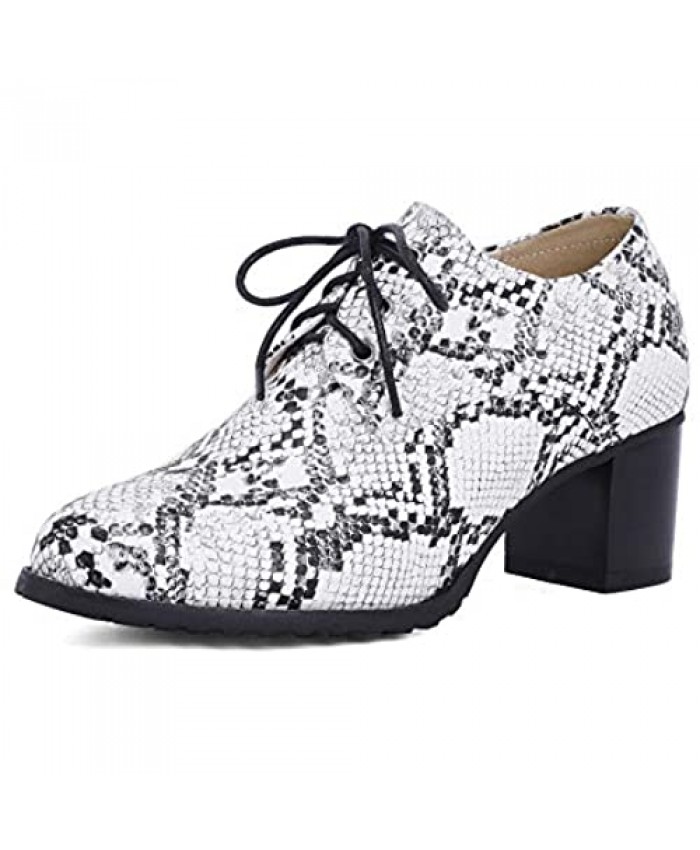 Women Snakeskin Mid Heel Oxford Brogues Shoes Lace up Round Toe Dress Pumps Retro Block Chunky Saddle Shoes